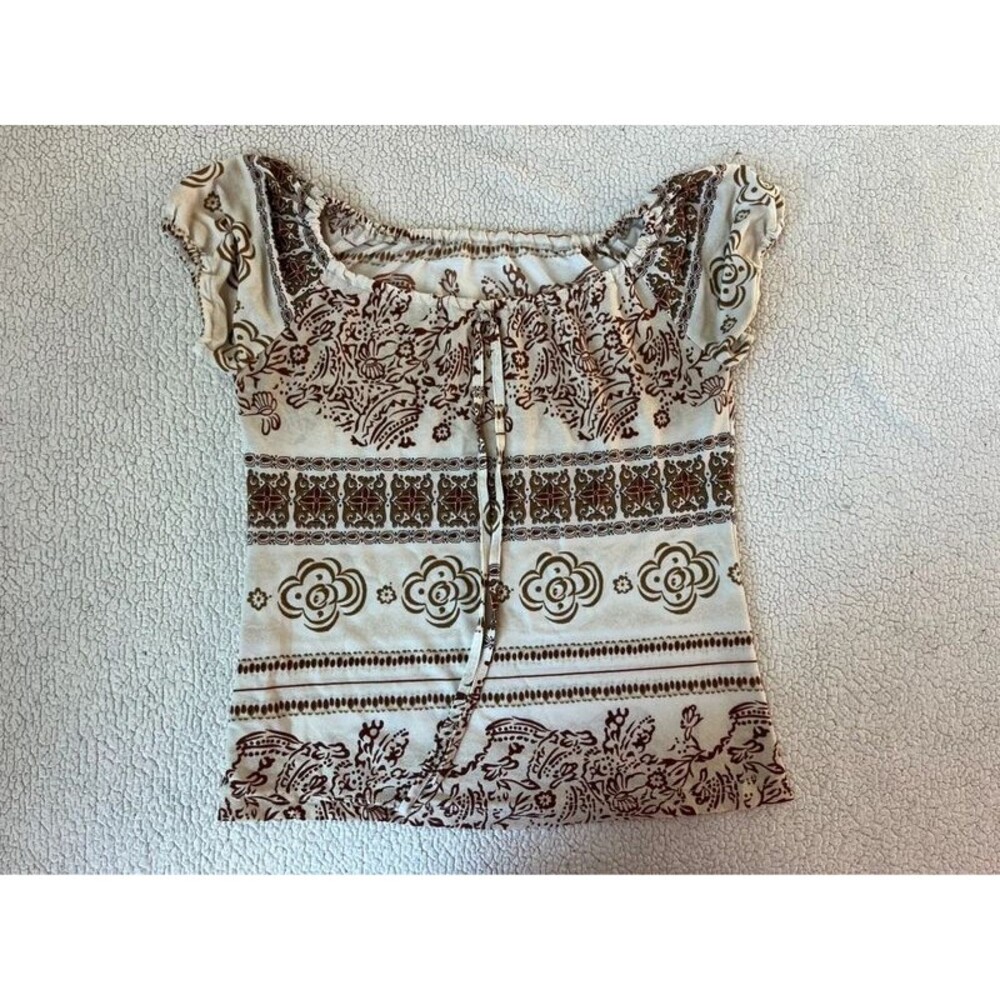 Vintage Y2K Numero Brown & Cream Boho Ruched Shoulder Shirt Womens Small